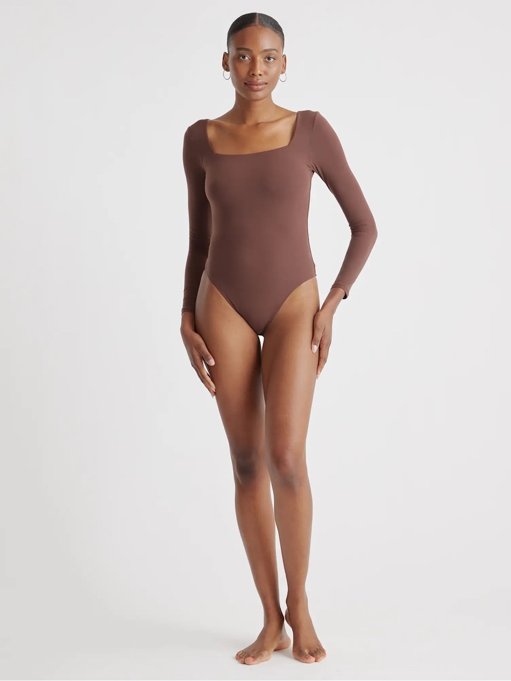 NWT QUINCE Second Skin Square Neck Long Sleeve Bodysuit Medium Cocoa 0829